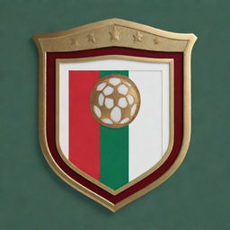 An intricately designed football club emblem shield featuring the colors red, gold, white, and green.