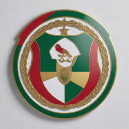 An intricately designed football club emblem shield featuring the colors red, gold, white, and green.