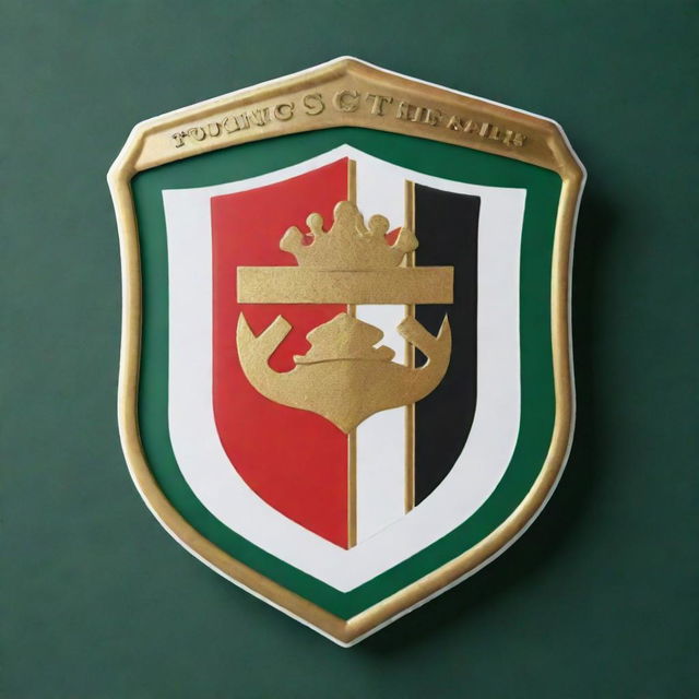 An intricately designed football club emblem shield featuring the colors red, gold, white, and green.