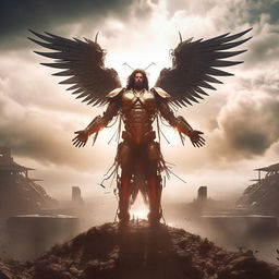 Epic cinematic shot of triumphant Jesus, in a majestic mecha exoskeleton, standing victoriously over Satan. He is surrounded by the holy spirit, emerging from a stylish futuristic cross, showcasing unequivocal victory.