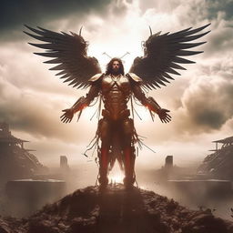 Epic cinematic shot of triumphant Jesus, in a majestic mecha exoskeleton, standing victoriously over Satan. He is surrounded by the holy spirit, emerging from a stylish futuristic cross, showcasing unequivocal victory.