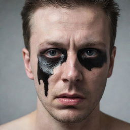 Powerful portrait of a man with completely black eye sockets, black tears streaming down his face