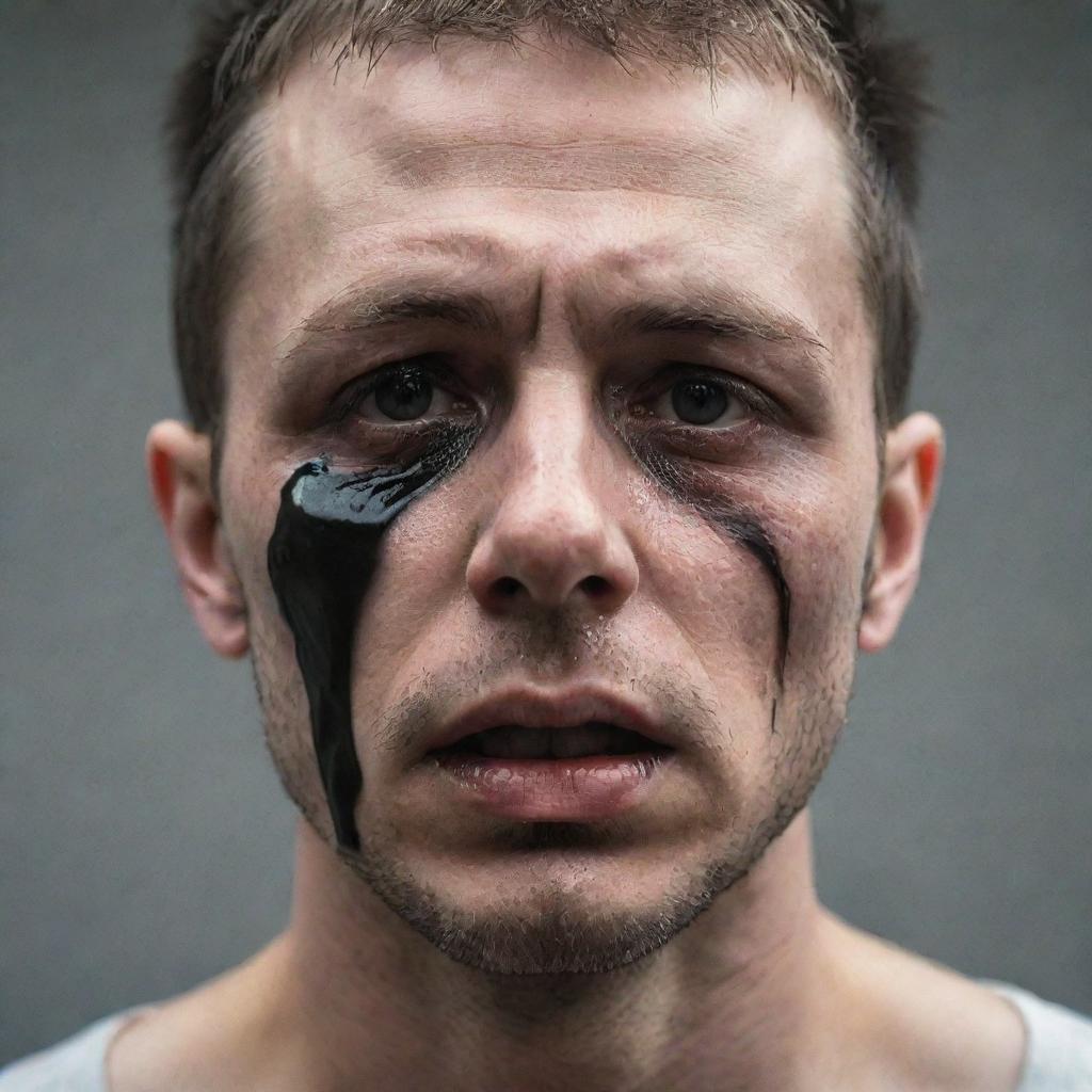 Powerful portrait of a man with completely black eye sockets, black tears streaming down his face