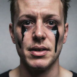 Powerful portrait of a man with completely black eye sockets, black tears streaming down his face