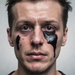 Powerful portrait of a man with completely black eye sockets, black tears streaming down his face