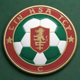 A detailed football club emblem design, dominated in colors of red, gold, white, and green.