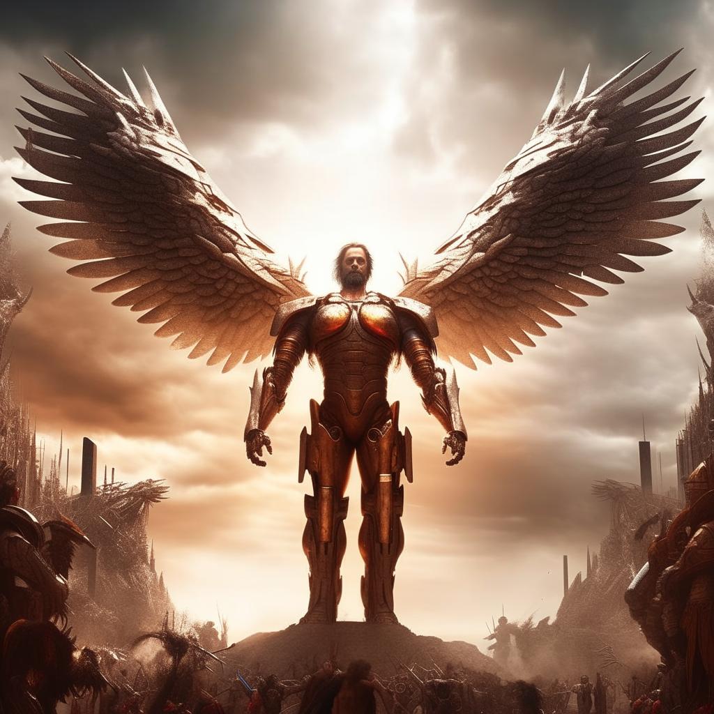 Epic cinematic shot of triumphant Jesus, in a majestic mecha exoskeleton, standing victoriously over Satan. He is surrounded by the holy spirit, emerging from a stylish futuristic cross, showcasing unequivocal victory.