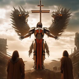 Epic cinematic shot of triumphant Jesus, in a majestic mecha exoskeleton, standing victoriously over Satan. He is surrounded by the holy spirit, emerging from a stylish futuristic cross, showcasing unequivocal victory.