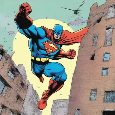 In the comic book, the superhero battles the villains while swinging from one roofless building to another.