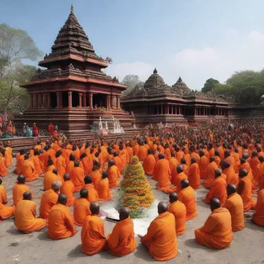 The devotees gathered at the roofless temple, under the open sky, to celebrate the religious festival.