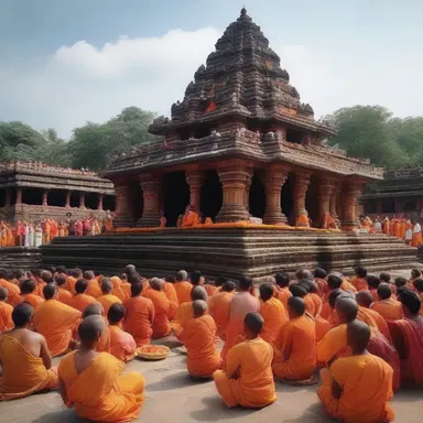 The devotees gathered at the roofless temple, under the open sky, to celebrate the religious festival.