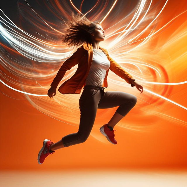 An athletic, stylish woman in dynamic action pose as if in a commercial, with an artistic touch to the background and light effects.