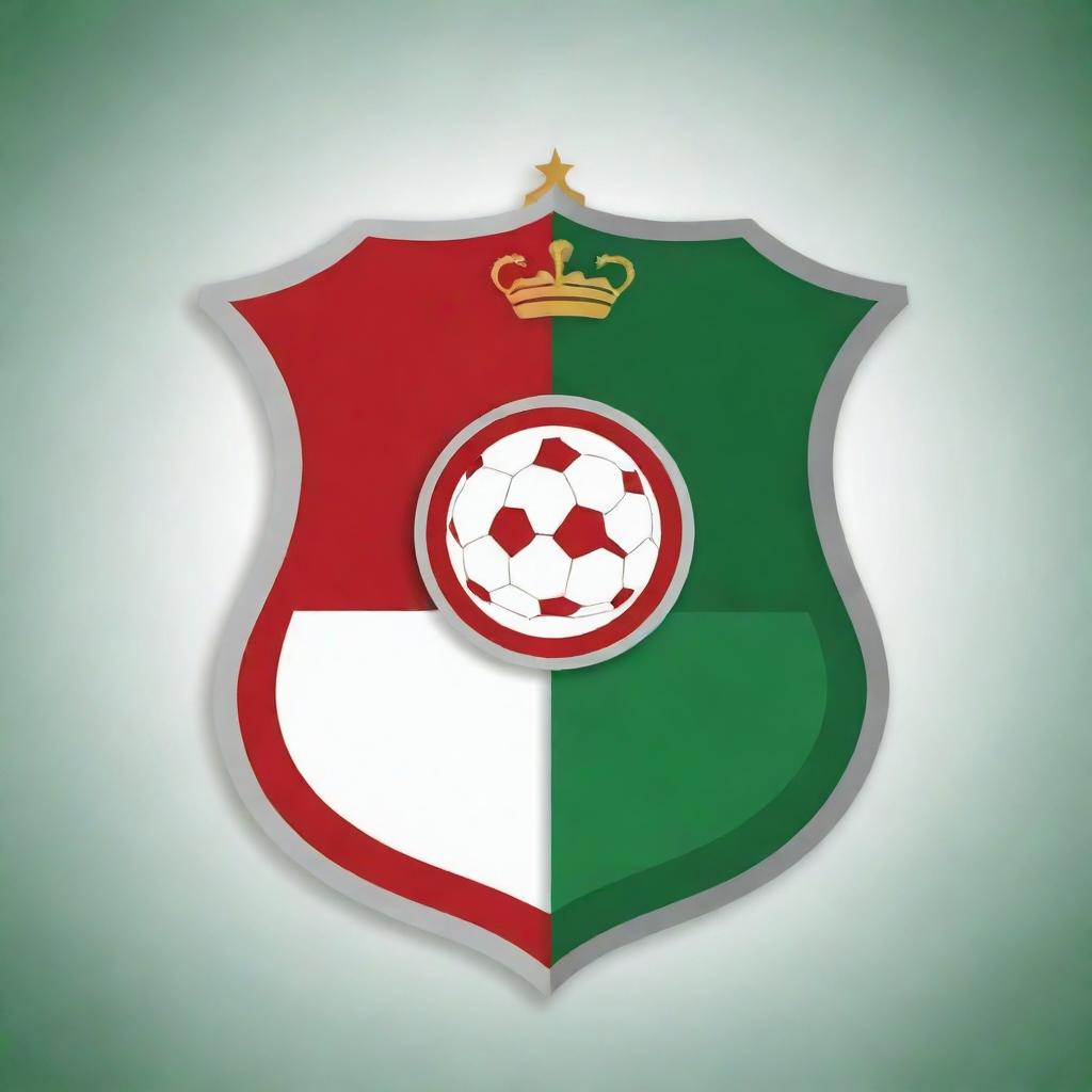 Design a football club emblem shield in red, white, and green colors.