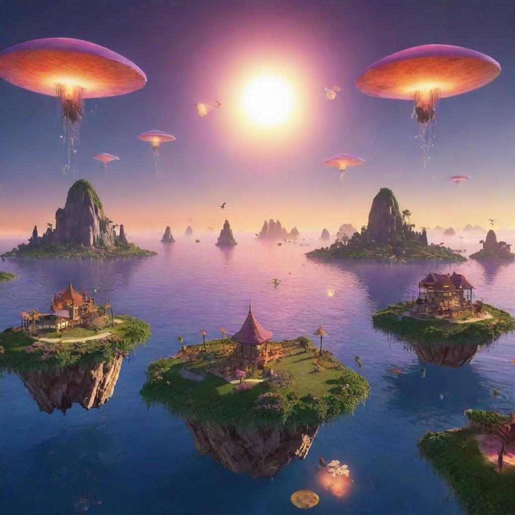 Generate a surreal sunset scene with floating islands in the sky and glowing fairies darting around the islands.