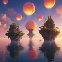 Generate a surreal sunset scene with floating islands in the sky and glowing fairies darting around the islands.