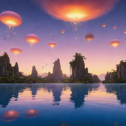 Generate a surreal sunset scene with floating islands in the sky and glowing fairies darting around the islands.