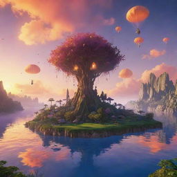 Generate a surreal sunset scene with floating islands in the sky and glowing fairies darting around the islands.