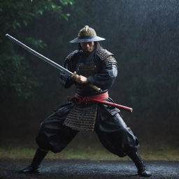 A Samurai in full armor swinging his katana during a rainy night