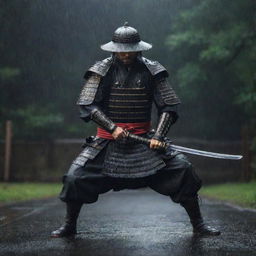 A Samurai in full armor swinging his katana during a rainy night