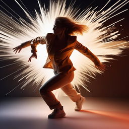 An athletic, stylish woman in dynamic action pose as if in a commercial, with an artistic touch to the background and light effects.