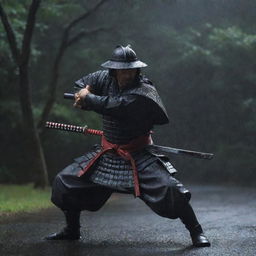 A Samurai in full armor swinging his katana during a rainy night