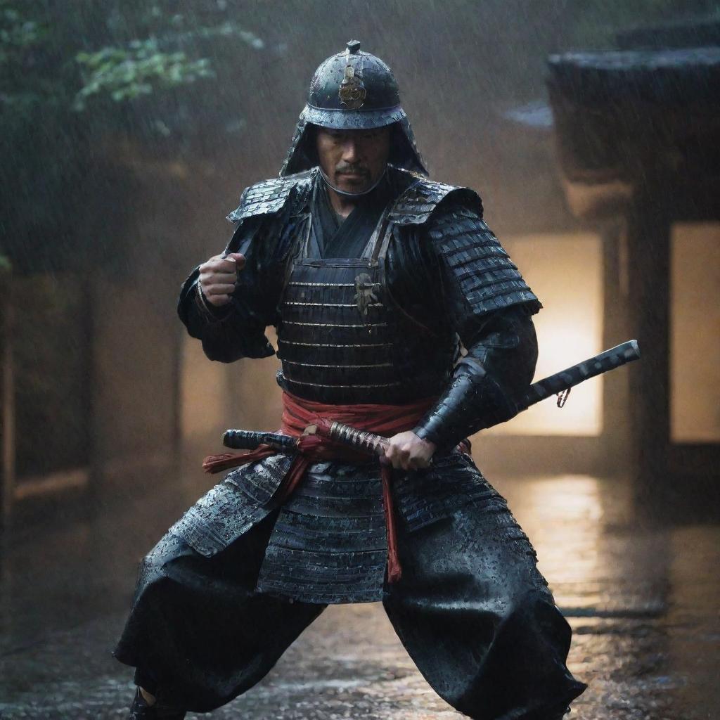 A Samurai in full armor swinging his katana during a rainy night