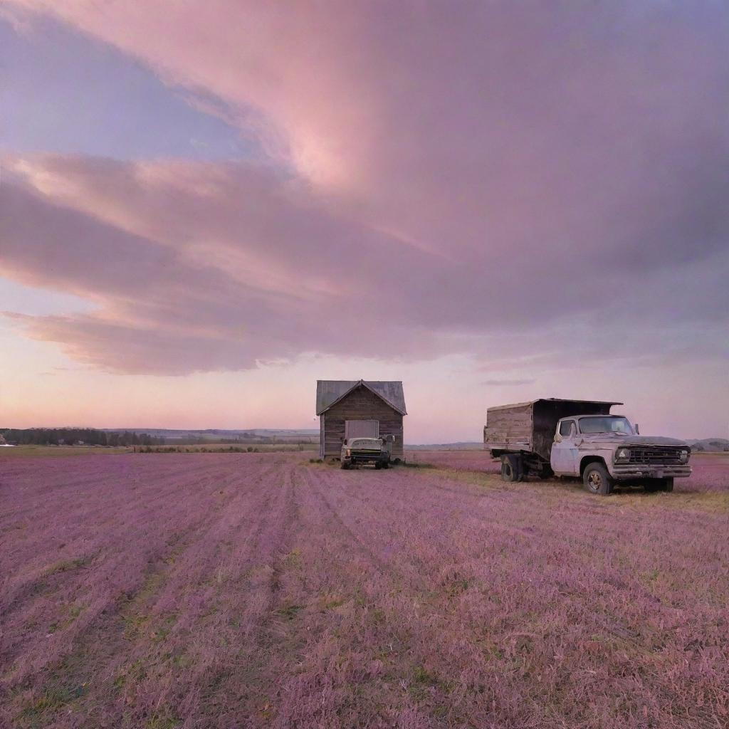 An empty field at sunset with a chipwood hut and old truck in the background. The sky is filled with mauve and pink hues.