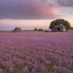 An empty field at sunset with a chipwood hut and old truck in the background. The sky is filled with mauve and pink hues.