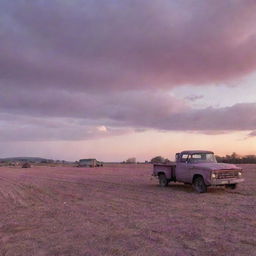 An empty field at sunset with a chipwood hut and old truck in the background. The sky is filled with mauve and pink hues.