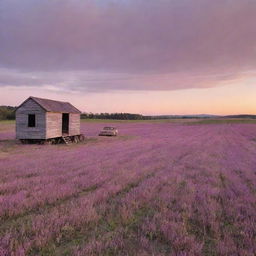 An empty field at sunset with a chipwood hut and old truck in the background. The sky is filled with mauve and pink hues.