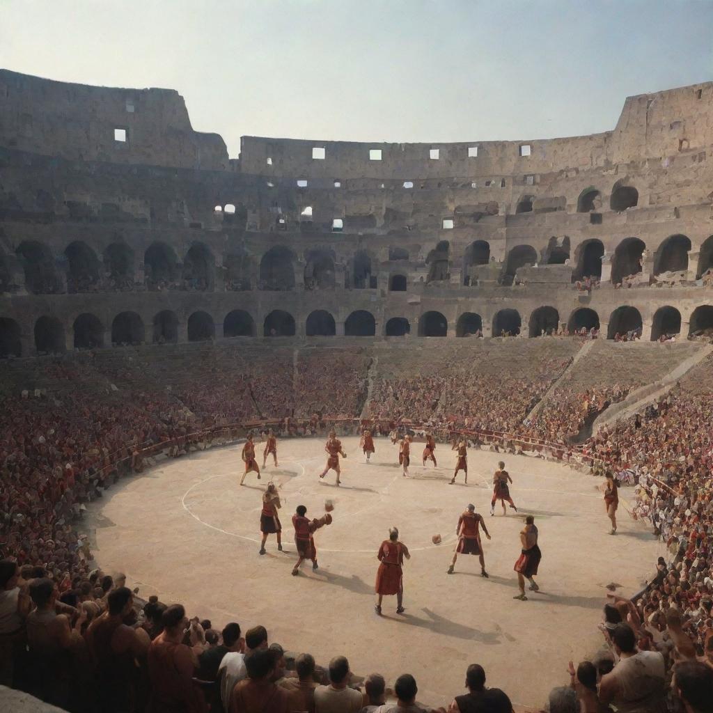 A high-stakes basketball game taking place in an ancient Colosseum. The players are depicted as gladiators, battling on the court while a frenzied crowd cheers them on, captivated by the intensity of the match.