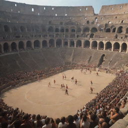 A high-stakes basketball game taking place in an ancient Colosseum. The players are depicted as gladiators, battling on the court while a frenzied crowd cheers them on, captivated by the intensity of the match.