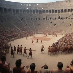 A high-stakes basketball game taking place in an ancient Colosseum. The players are depicted as gladiators, battling on the court while a frenzied crowd cheers them on, captivated by the intensity of the match.