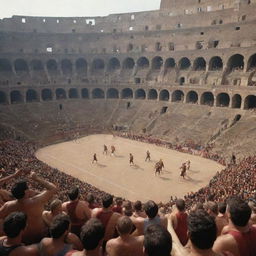 A high-stakes basketball game taking place in an ancient Colosseum. The players are depicted as gladiators, battling on the court while a frenzied crowd cheers them on, captivated by the intensity of the match.