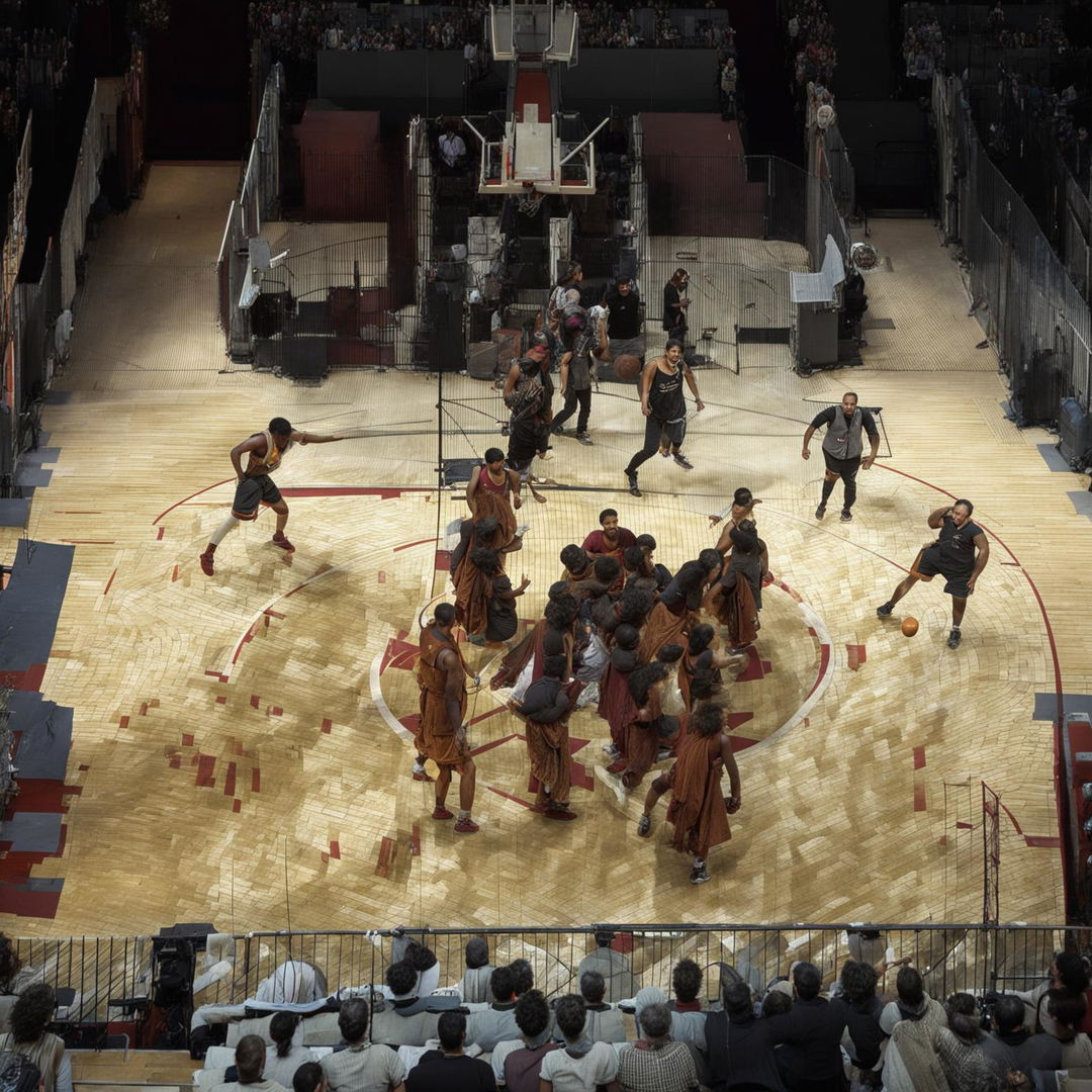 A high-stakes basketball game taking place in Rome's ancient Colosseum, with players exhibiting gladiator-like intensity and a wildly cheering crowd.