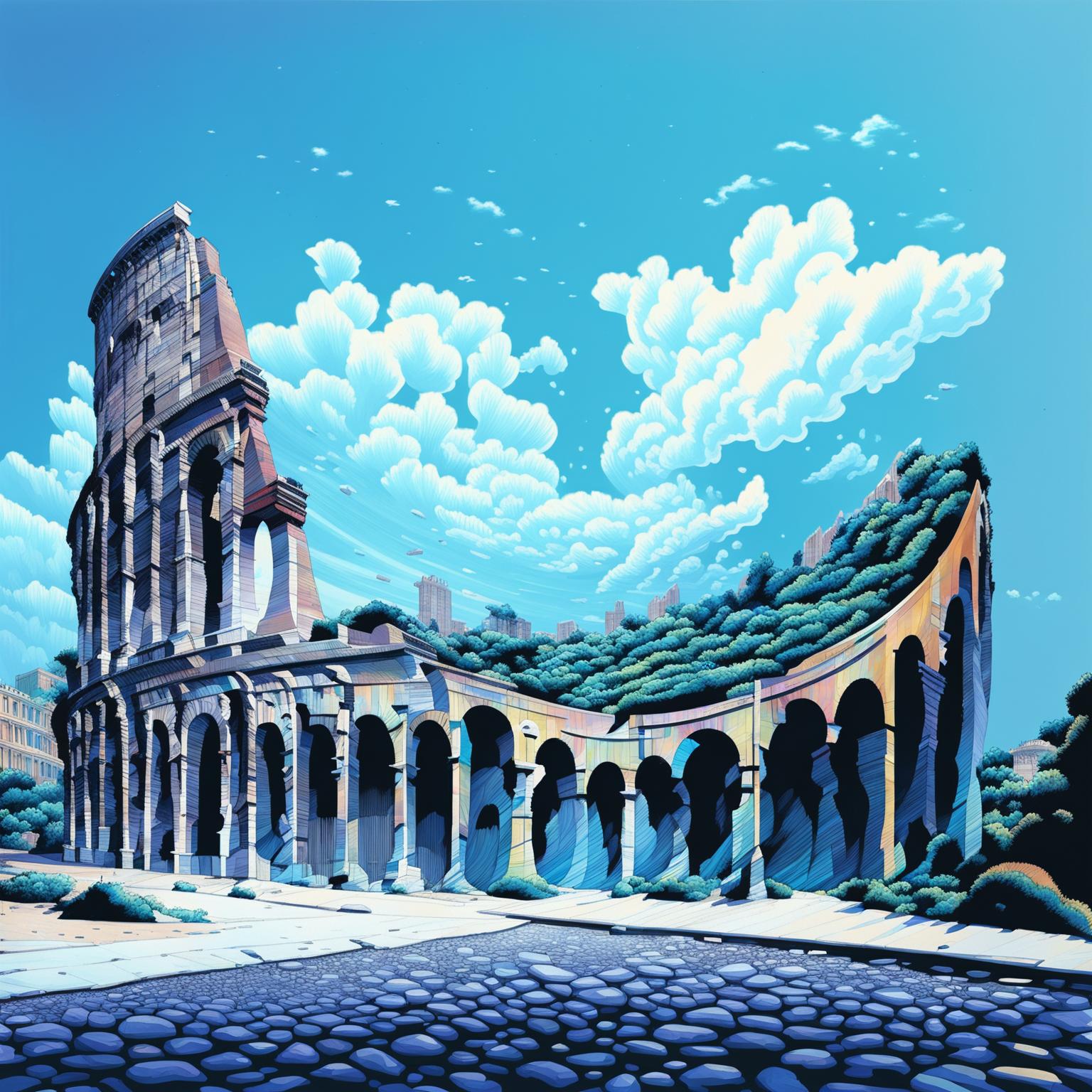A digital art piece of the Colosseum reimagined in Zaha Hadid's architectural style, with fluid forms replacing traditional arches and reflecting the surrounding cityscape.