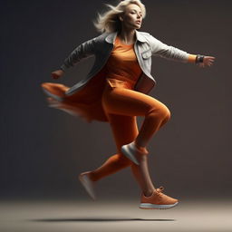 An HD, photorealistic image of a stylish, athletic woman in a dynamic pose wearing athletic shoes, as if captured from a high-end commercial.