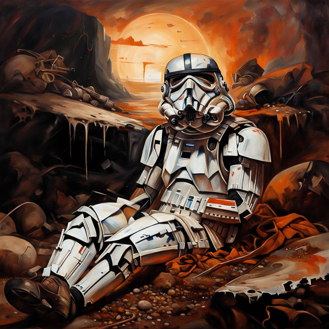 Traditional oil painting of a helmetless Star Wars stormtrooper seated on a battlefield after an intense fight.