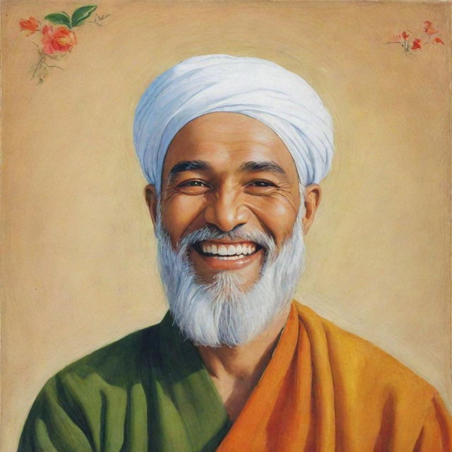 A joyful depiction of Korosh Kabir, with a bright, genuine smile on his face.