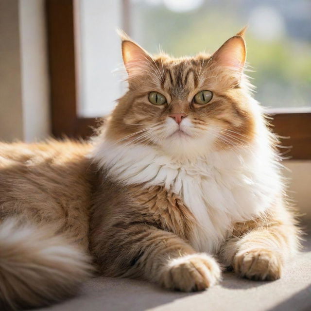 A fluffy, vibrant domestic cat lazily lounging in a sunlit room, displaying calm and contentment.