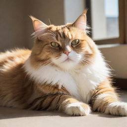 A fluffy, vibrant domestic cat lazily lounging in a sunlit room, displaying calm and contentment.
