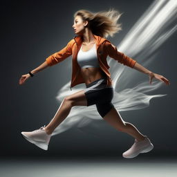 An HD, photorealistic image of a stylish, athletic woman in a dynamic pose wearing athletic shoes, as if captured from a high-end commercial.