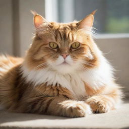 A fluffy, vibrant domestic cat lazily lounging in a sunlit room, displaying calm and contentment.