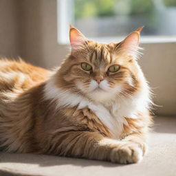 A fluffy, vibrant domestic cat lazily lounging in a sunlit room, displaying calm and contentment.