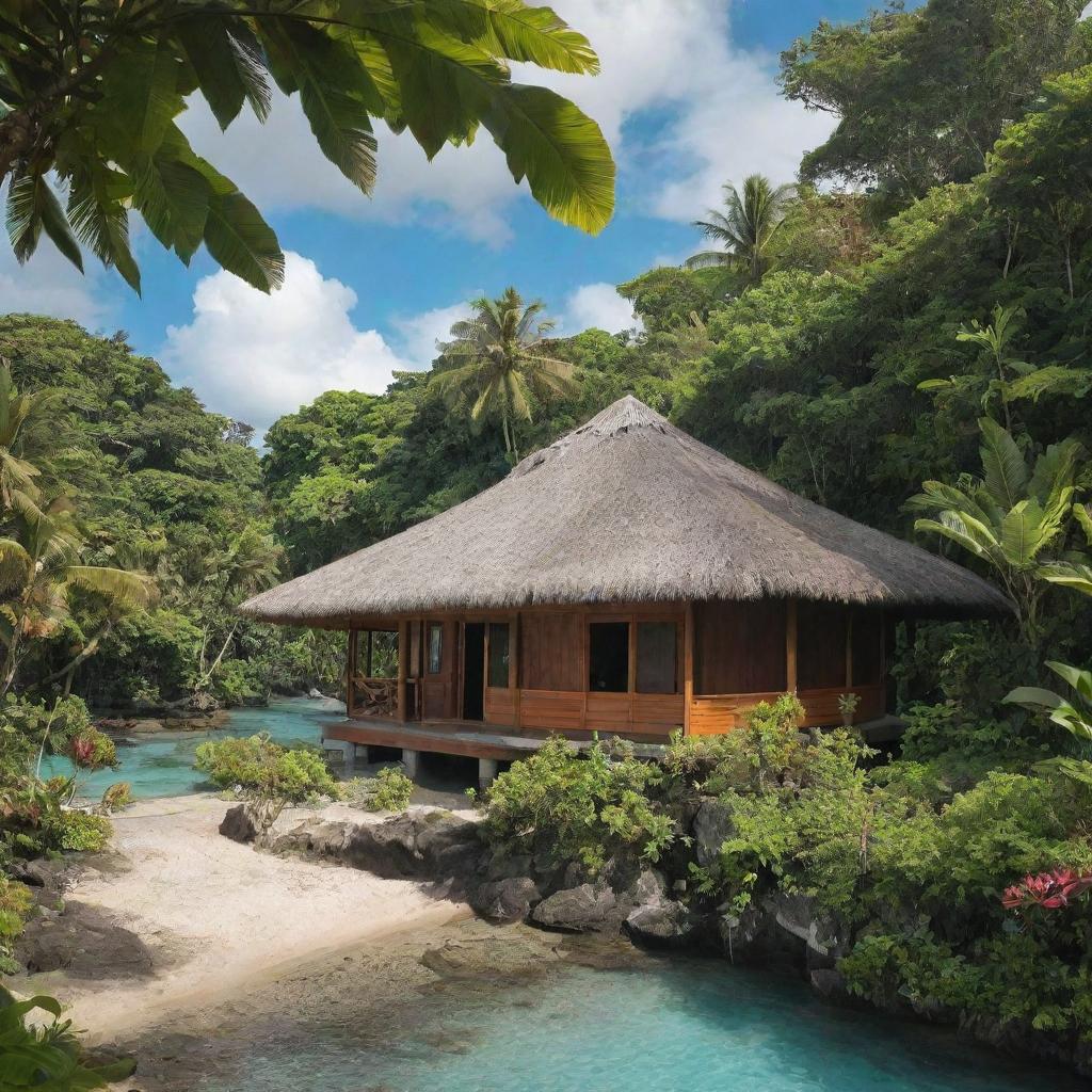 Secluded tropical retreat in Samoa with lush vegetation, calm turquoise sea, and traditional Samoan architecture