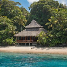 Secluded tropical retreat in Samoa with lush vegetation, calm turquoise sea, and traditional Samoan architecture