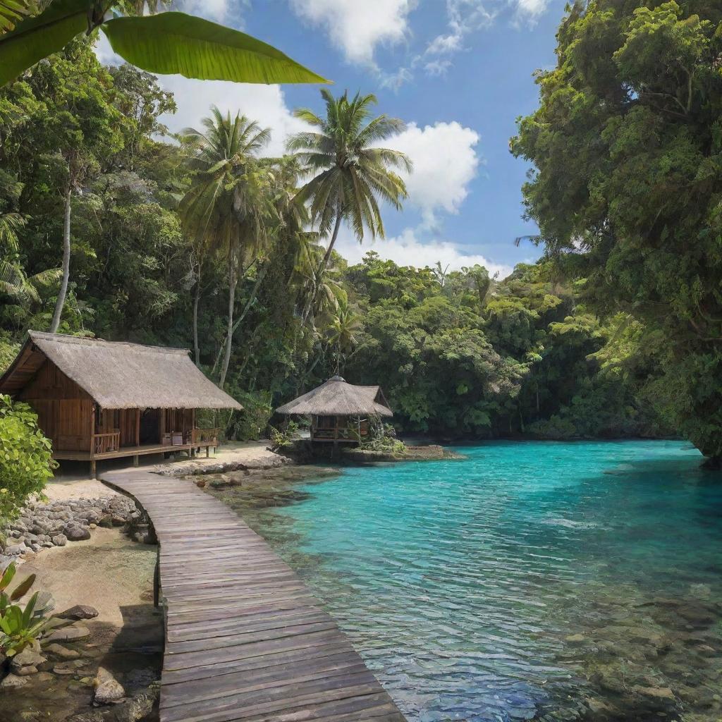 Secluded tropical retreat in Samoa with lush vegetation, calm turquoise sea, and traditional Samoan architecture