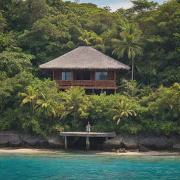 Secluded tropical retreat in Samoa with lush vegetation, calm turquoise sea, and traditional Samoan architecture