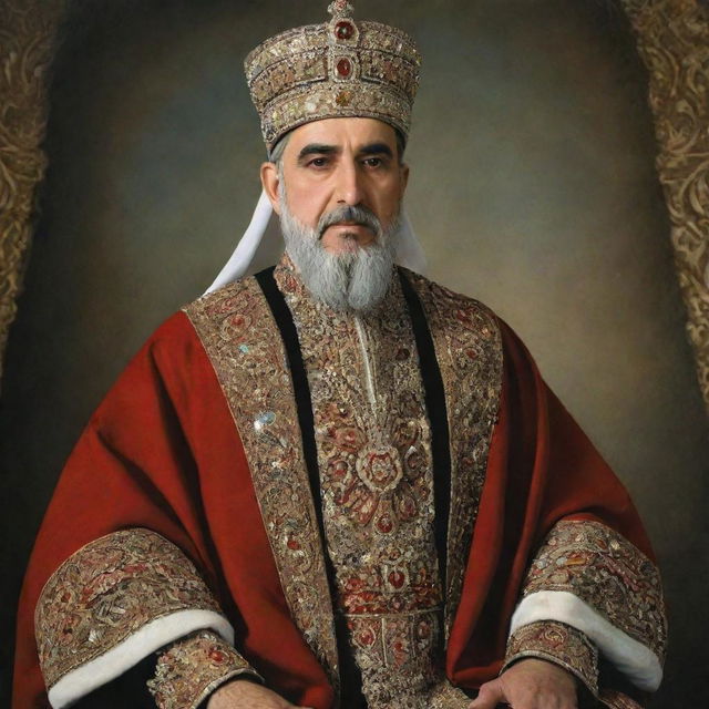 King Khashayar of Iran depicted in traditional regalia, represented with dignity and majesty.