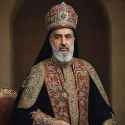 King Khashayar of Iran depicted in traditional regalia, represented with dignity and majesty.